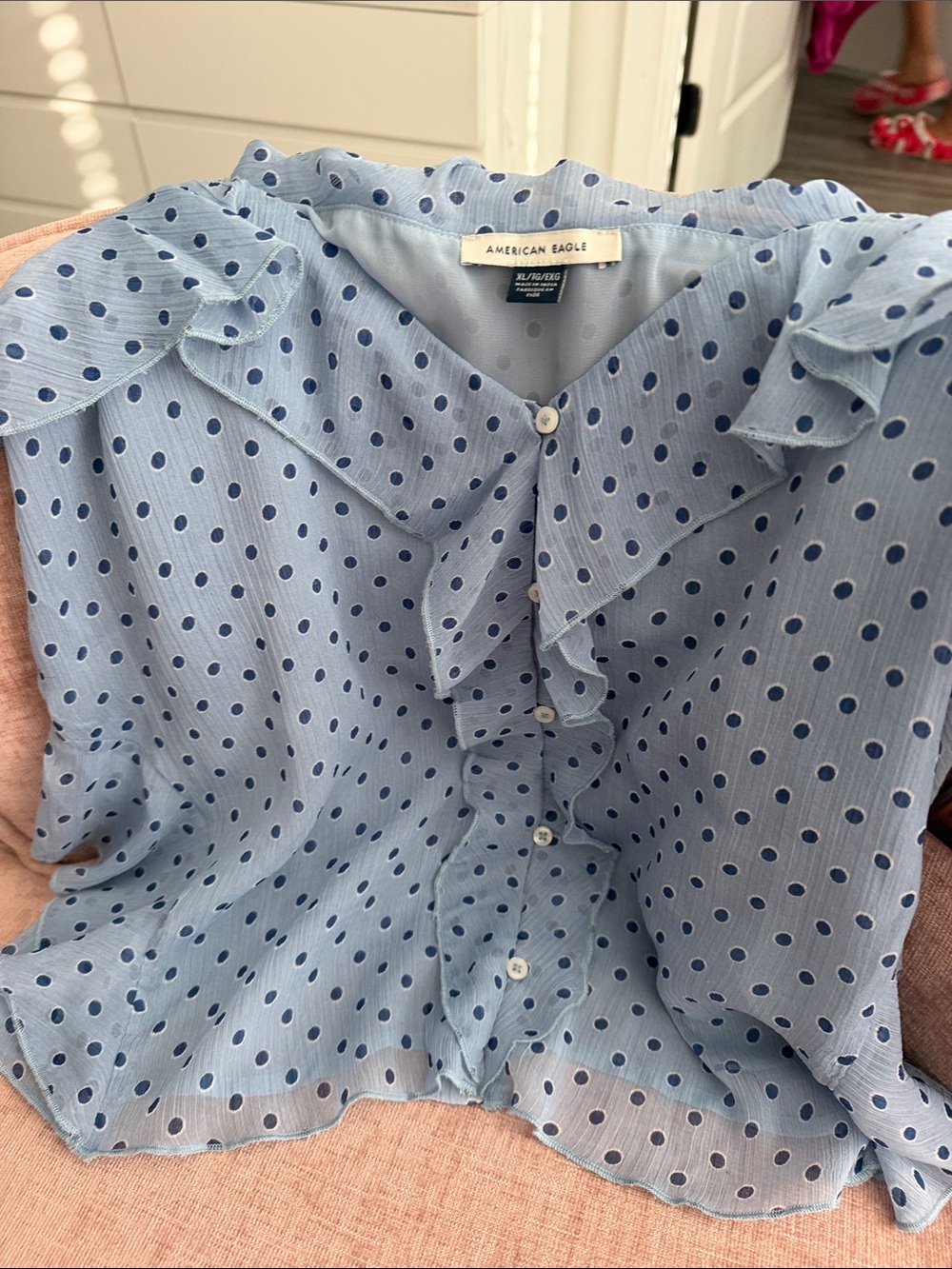 American Eagle Outfitters Light Blue Polka Dot Ruffle Blouse